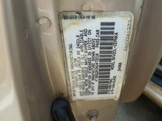 4T1BG22K3XU470018 - 1999 TOYOTA CAMRY CE BEIGE photo 10