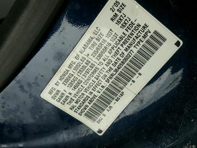 5FNRL38405B060277 - 2005 HONDA ODYSSEY EX BLUE photo 10