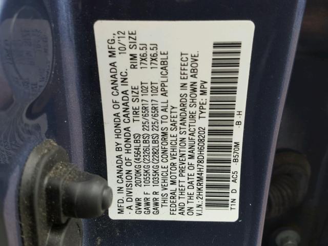 2HKRM4H78DH608202 - 2013 HONDA CR-V EXL BLUE photo 10