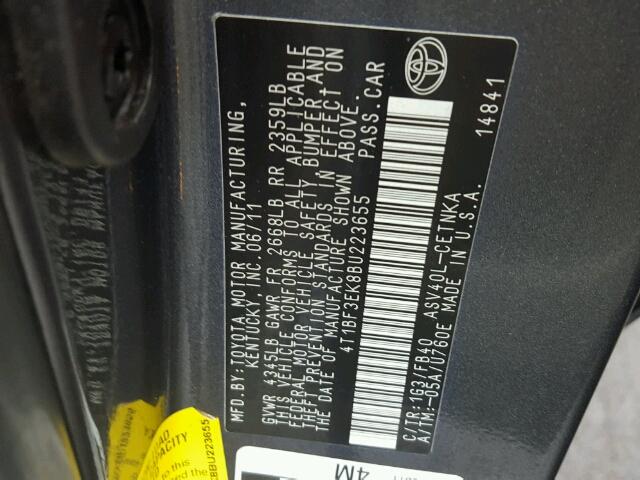 4T1BF3EK8BU223655 - 2011 TOYOTA CAMRY BASE GRAY photo 10