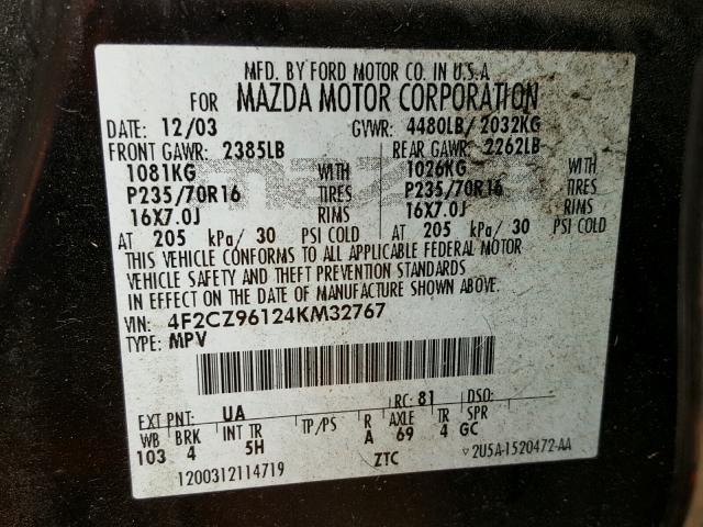 4F2CZ96124KM32767 - 2004 MAZDA TRIBUTE ES 黑色 照片 10