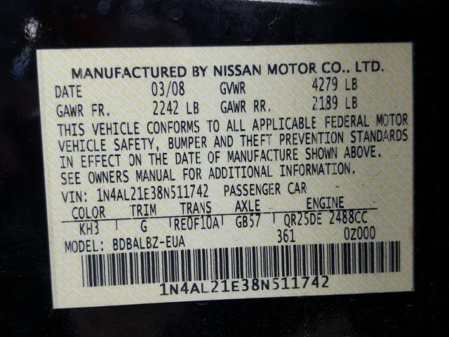 1N4AL21E38N511742 - 2008 NISSAN ALTIMA 2.5 BLACK photo 10