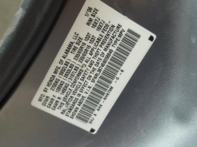 5FNRL38746B058849 - 2006 HONDA ODYSSEY EX GRAY photo 10