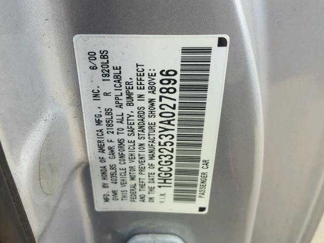 1HGCG3253YA027896 - 2000 HONDA ACCORD EX SILVER photo 10