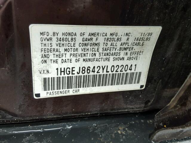 1HGEJ8642YL022041 - 2000 HONDA CIVIC EX Bənövşəyi foto 10