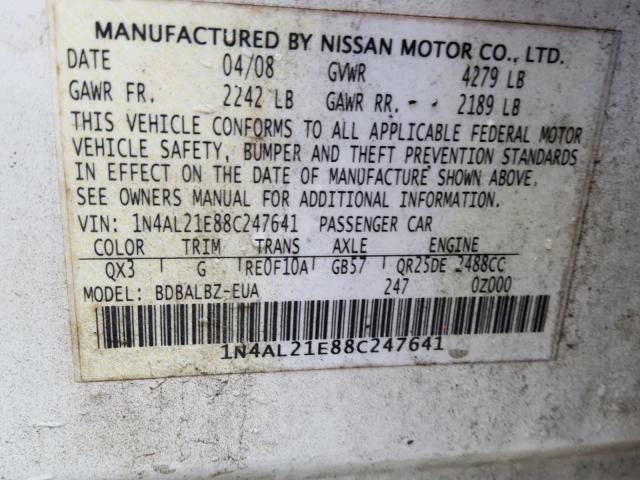 1N4AL21E88C247641 - 2008 NISSAN ALTIMA 2.5 WHITE photo 10