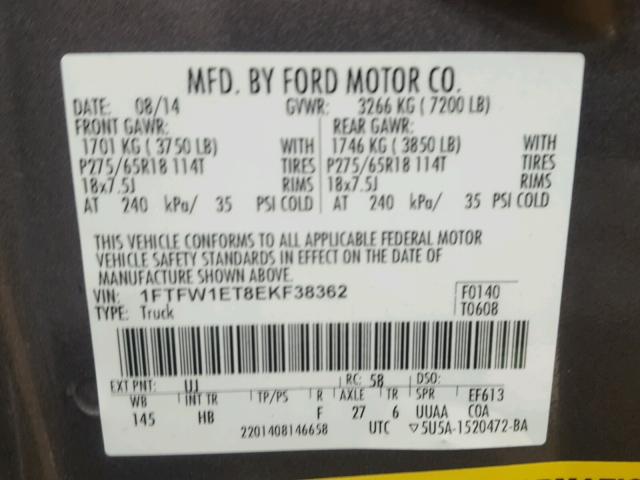 1FTFW1ET8EKF38362 - 2014 FORD F150 SUPER GRAY photo 10