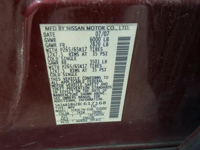 5N1AR18U28C617168 - 2008 NISSAN PATHFINDER RED photo 10
