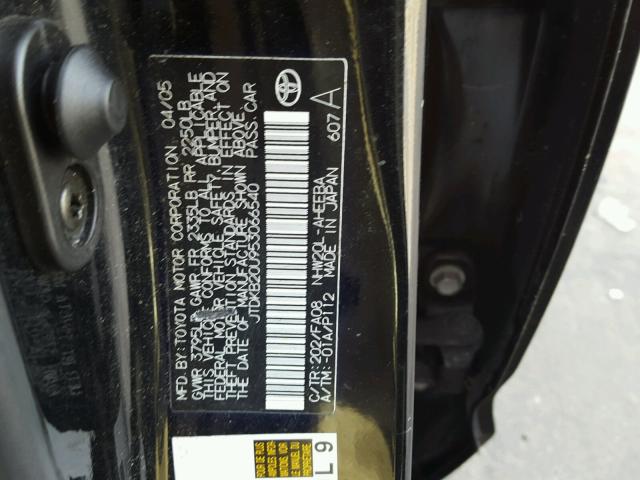 JTDKB20U953066540 - 2005 TOYOTA PRIUS BLACK photo 10