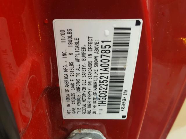 1HGCG22521A007851 - 2001 HONDA ACCORD EX RED photo 10