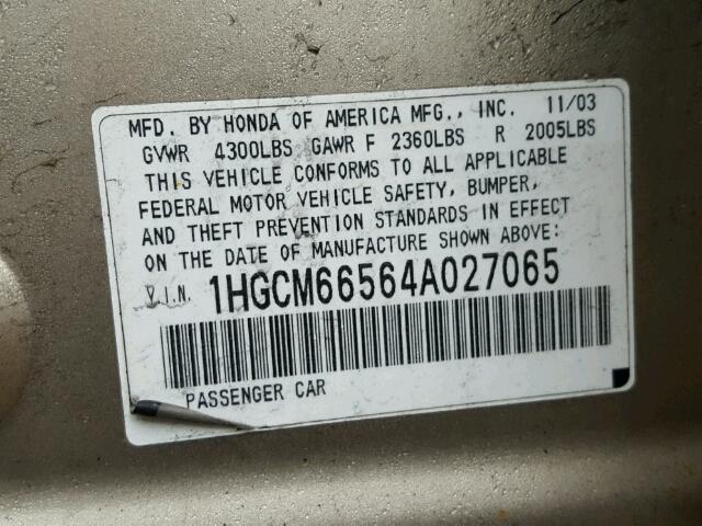 1HGCM66564A027065 - 2004 HONDA ACCORD EX GOLD photo 10