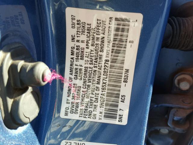 1HGFA165X7L082278 - 2007 HONDA CIVIC LX BLUE photo 10