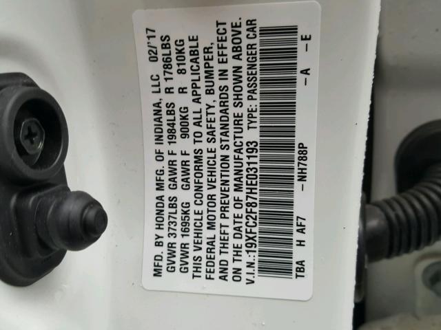 19XFC2F87HE031193 - 2017 HONDA CIVIC EX თეთრი ფოტო 10