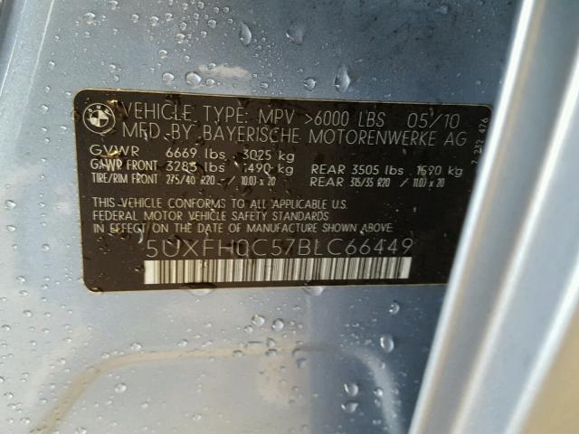 5UXFH0C57BLC66449 - 2011 BMW X6 HYBRID BLUE photo 10