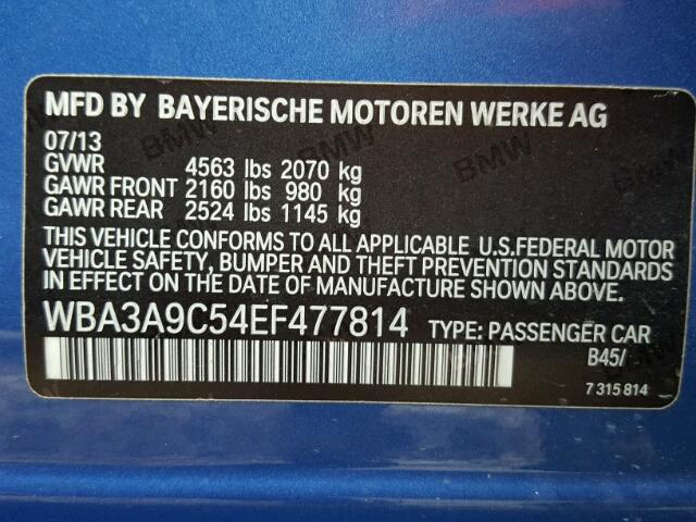 WBA3A9C54EF477814 - 2014 BMW 335 I BLUE photo 10