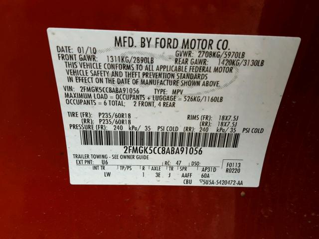 2FMGK5CC8ABA91056 - 2010 FORD FLEX SEL წითელი ფოტო 10