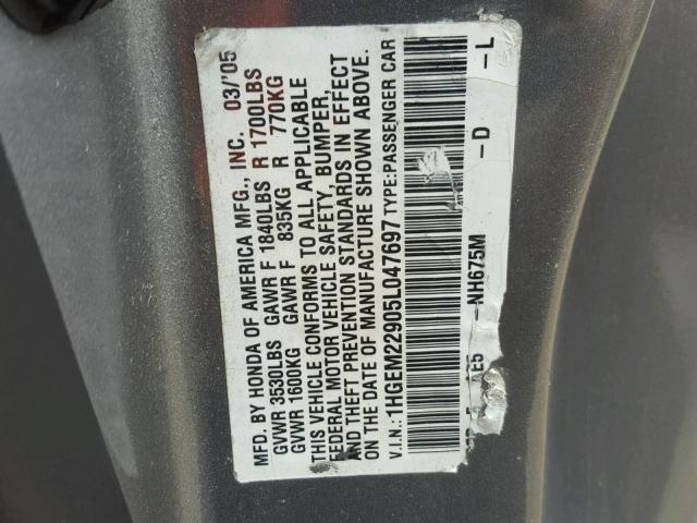 1HGEM22905L047697 - 2005 HONDA CIVIC EX Մոխրագույն լուսանկար 10