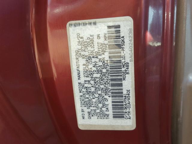 4T3ZF13C5YU287344 - 2000 TOYOTA SIENNA LE RED photo 10