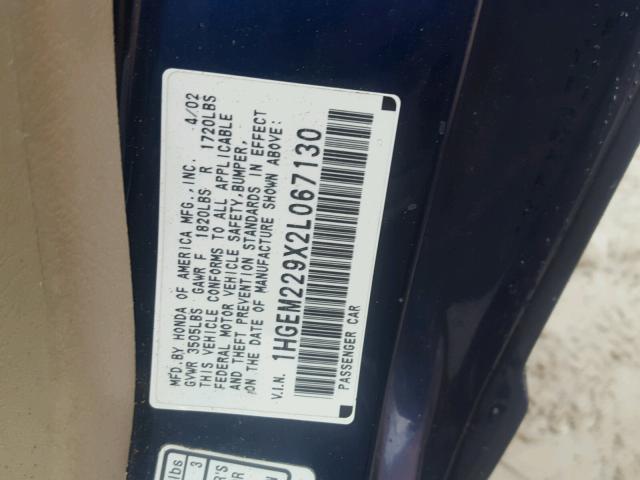 1HGEM229X2L067130 - 2002 HONDA CIVIC EX BLUE photo 10