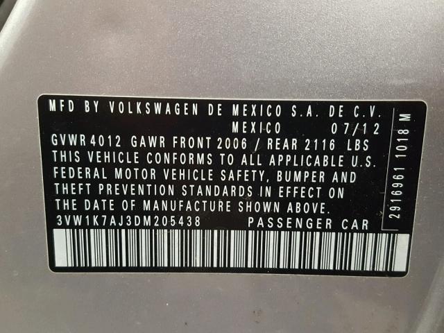 3VW1K7AJ3DM205438 - 2013 VOLKSWAGEN JETTA BASE ვერცხლისფერი ფოტო 10