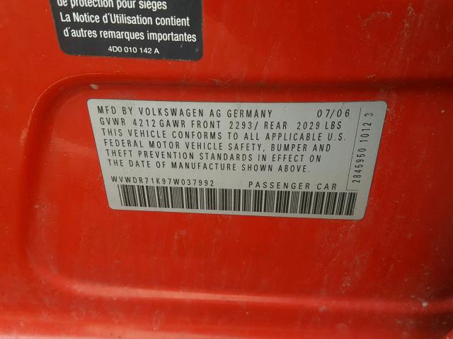 WVWDR71K97W037992 - 2007 VOLKSWAGEN RABBIT RED photo 10