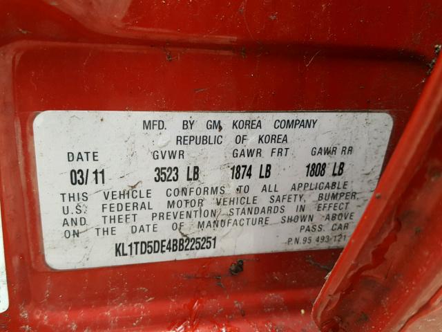 KL1TD5DE4BB225251 - 2011 CHEVROLET AVEO LS 红色 照片 10