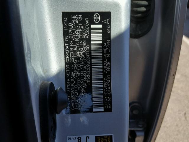 JTDKN3DU9B0247190 - 2011 TOYOTA PRIUS SILVER photo 10