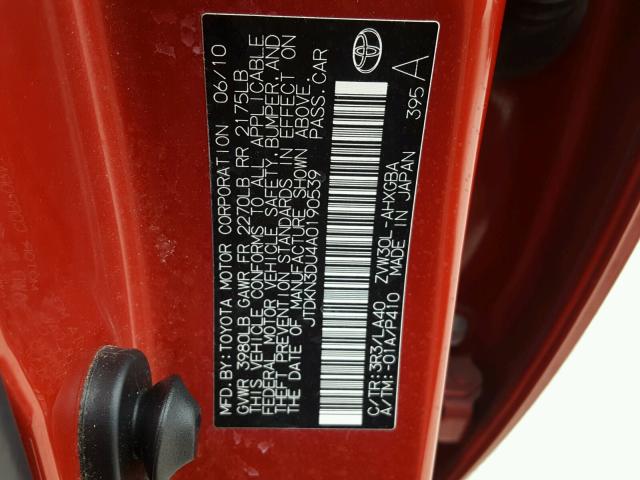 JTDKN3DU4A0190539 - 2010 TOYOTA PRIUS RED photo 10