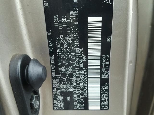 5TDZA23C86S394746 - 2006 TOYOTA SIENNA CE GOLD photo 10