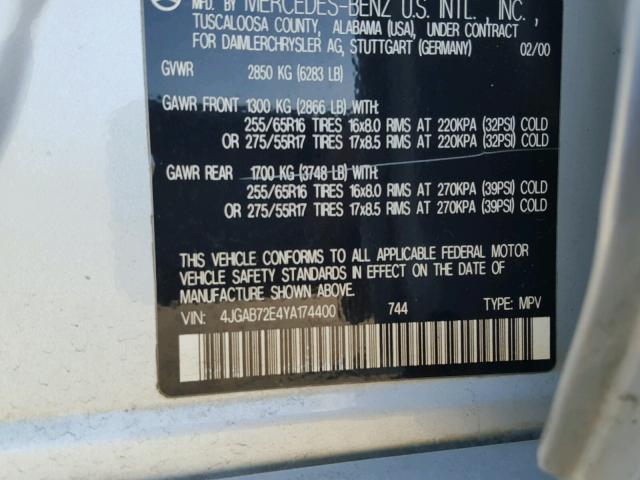 4JGAB72E4YA174400 - 2000 MERCEDES-BENZ ML 430 银色 照片 10