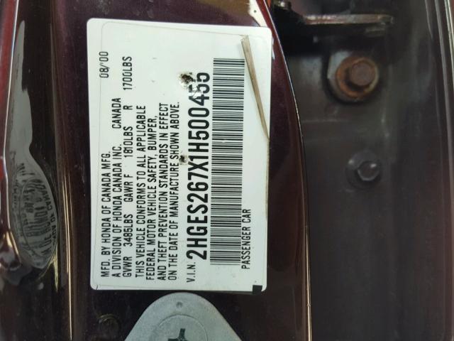 2HGES267X1H500455 - 2001 HONDA CIVIC EX მუქწითელი ფოტო 10