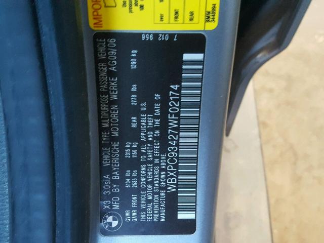 WBXPC93427WF02174 - 2007 BMW X3 3.0SI BLUE photo 9