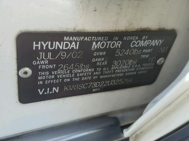 KM8SC73D22U325294 - 2002 HYUNDAI SANTA FE G WHITE photo 10