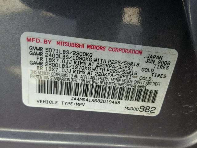 JA4MS41X68Z019488 - 2008 MITSUBISHI OUTLANDER GRAY photo 10