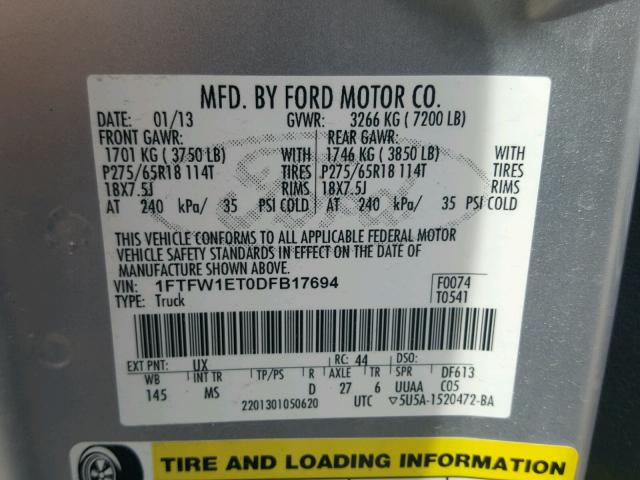 1FTFW1ET0DFB17694 - 2013 FORD F150 SUPER SILVER photo 10