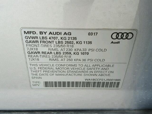 WA1BCCFS1JR001885 - 2018 AUDI Q3 PREMIUM SILVER photo 10