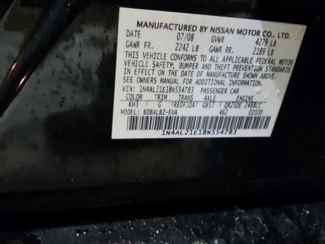 1N4AL21E18N554783 - 2008 NISSAN ALTIMA 2.5 BLACK photo 10