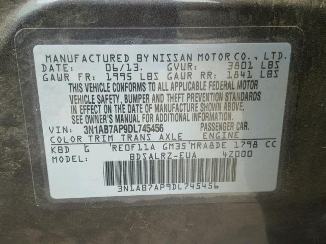 3N1AB7AP9DL745456 - 2013 NISSAN SENTRA S CHARCOAL photo 10