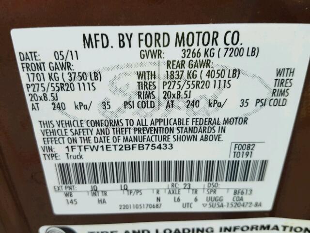 1FTFW1ET2BFB75433 - 2011 FORD F150 SUPER BROWN photo 10