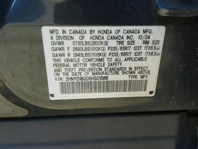 2HNYD18205H501566 - 2005 ACURA MDX BLUE photo 10