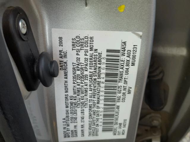 4A4MN21S88E043698 - 2008 MITSUBISHI ENDEAVOR L SILVER photo 10