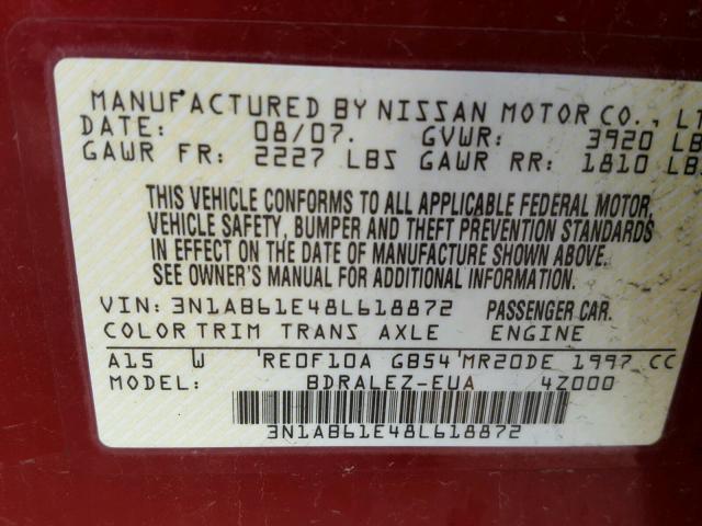 3N1AB61E48L618872 - 2008 NISSAN SENTRA 2.0 RED photo 10