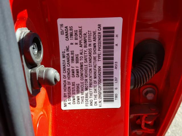 2HGFC2F70GH542904 - 2016 HONDA CIVIC EX წითელი ფოტო 10