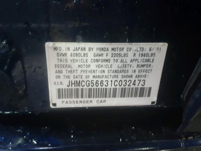 JHMCG56631C032473 - 2001 HONDA ACCORD EX BLUE photo 10