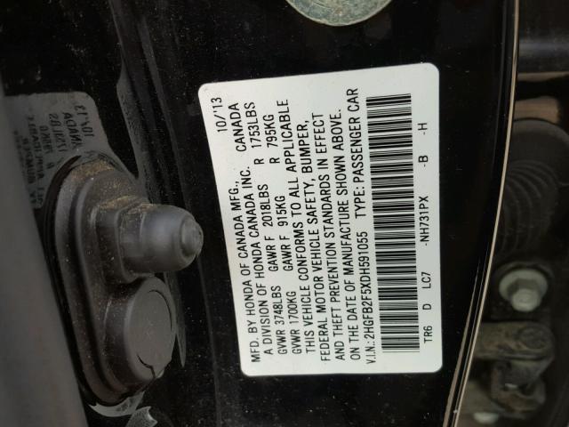2HGFB2F5XDH591055 - 2013 HONDA CIVIC LX BLACK photo 10