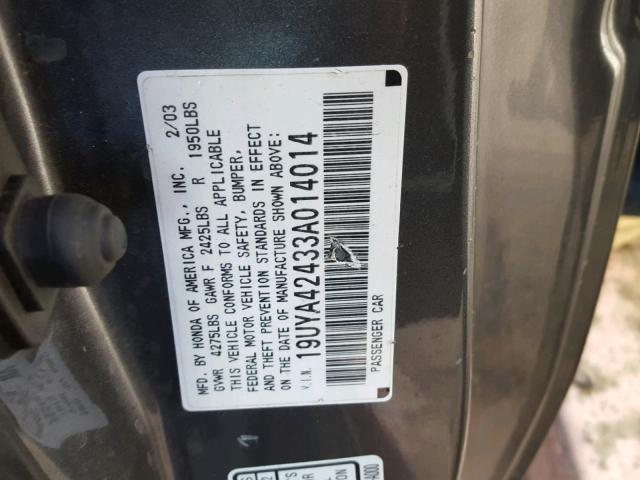 19UYA42433A014014 - 2003 ACURA 3.2CL GRAY photo 10