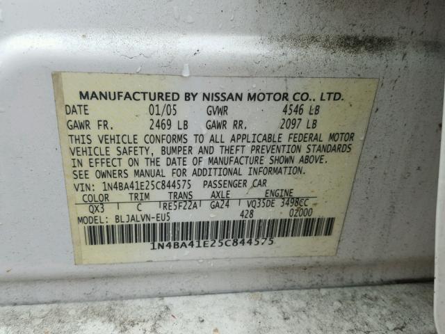 1N4BA41E25C844575 - 2005 NISSAN MAXIMA SE WHITE photo 10