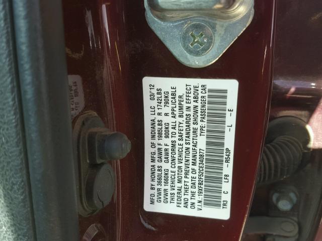 19XFB2F52CE340877 - 2012 HONDA CIVIC LX BURGUNDY photo 10