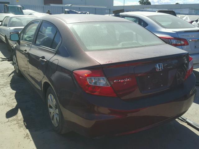 19XFB2F52CE340877 - 2012 HONDA CIVIC LX BURGUNDY photo 3