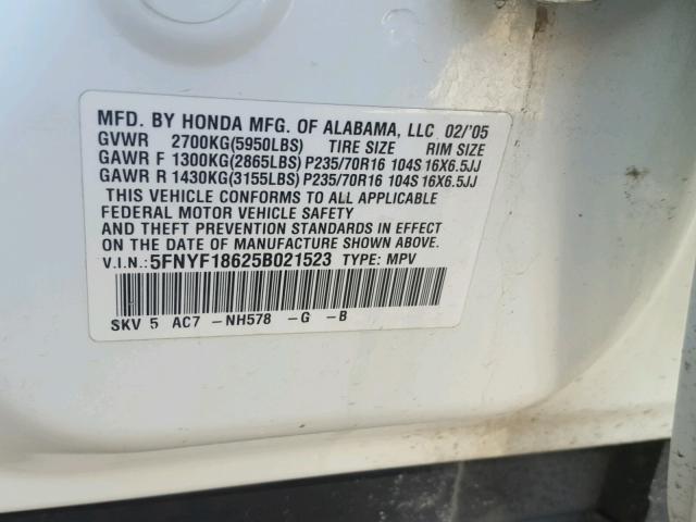 5FNYF18625B021523 - 2005 HONDA PILOT EXL WHITE photo 10